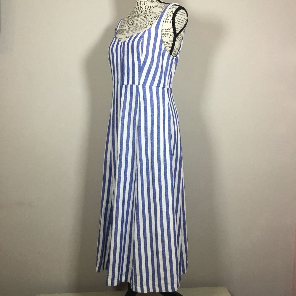 Linen blend maxi dress blue white stripe loveheart neckline smocked back sz S - Picture 4 of 8